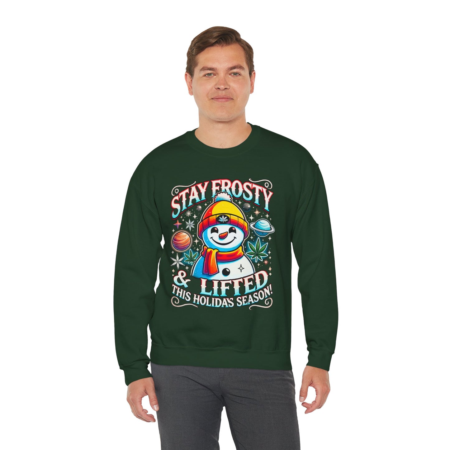 Stay Frosty & Lifted - Cosmic Snowman Crewneck Sweatshirt