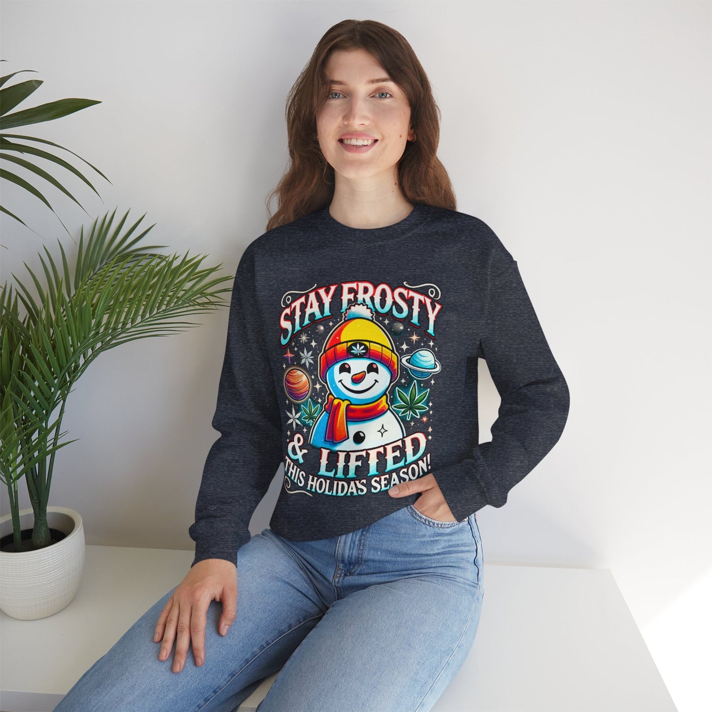 Stay Frosty & Lifted - Cosmic Snowman Crewneck Sweatshirt