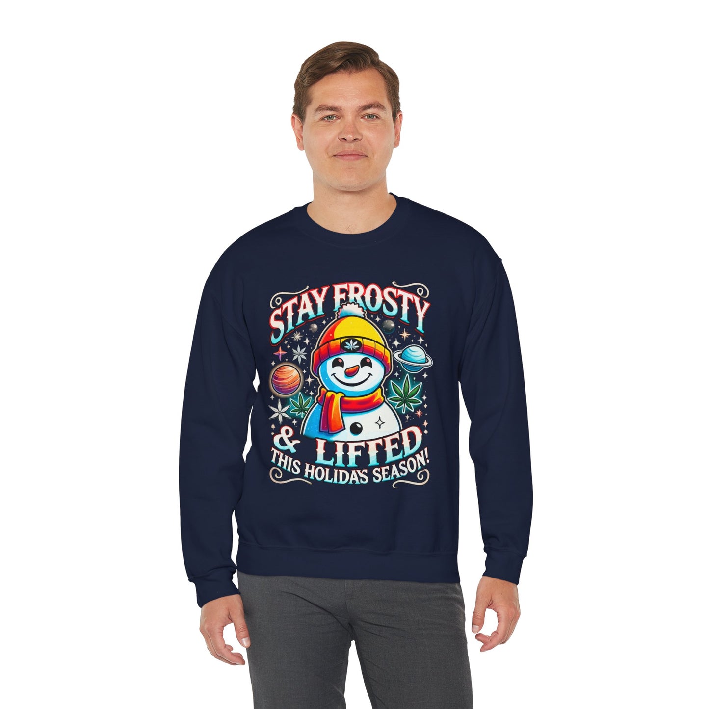 Stay Frosty & Lifted - Cosmic Snowman Crewneck Sweatshirt